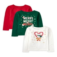 A gyermekek helye lányok karácsonyi grafikus Hosszú ujjú Hi-Lo felsők, 3-csomag, méretek XS-XXL
