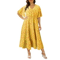 Efsteb nyári ruhák Női Clearance Rövid ujjú ruhák derék rakott ruha Egyszínű divatos V-nyakú Alkalmi Sundress Sárga